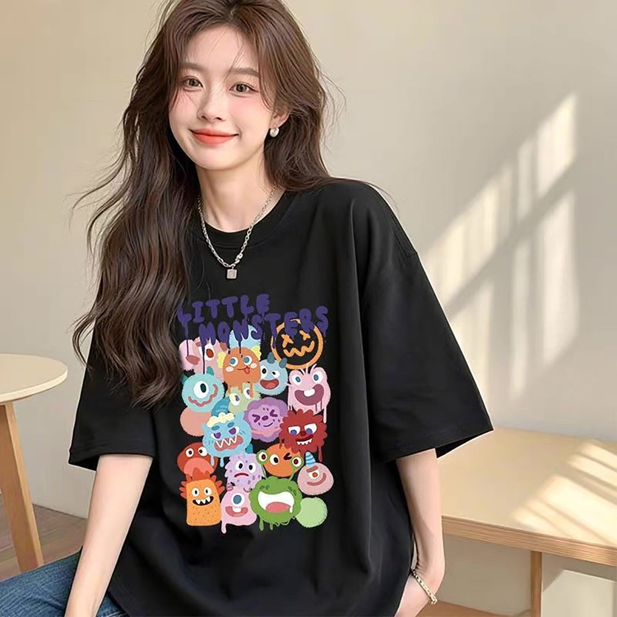 New Summer Short-Sleeved T-Shirt for Women with Printed Cartoon Round Neck Bottoming Shirt Niche Loose Versatile Top Short-Sleeved T-Shirt