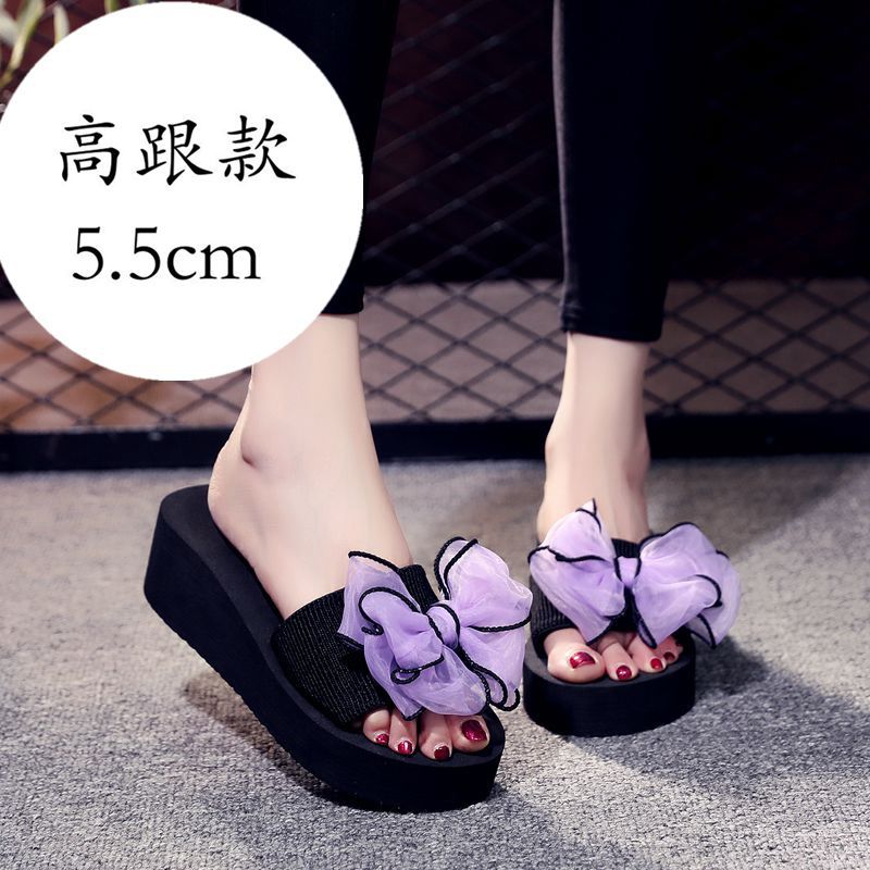 Mid-summer high-heeled slipper butterfly flower women's beach shoes thick-soled sandals and slippers Korean-style non-slip slippers for women