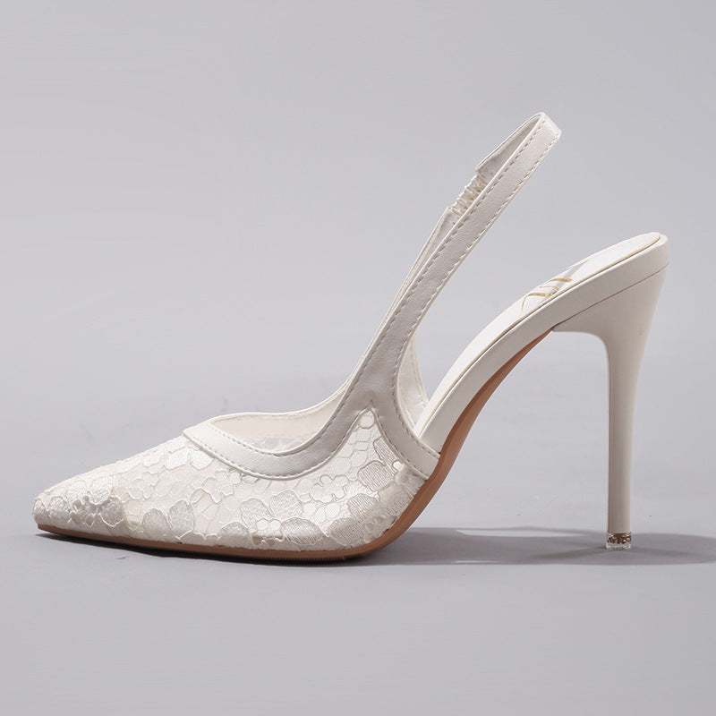 Fashion Lace Stitching High Heels Women's Summer Elegant Sexy Pointed Banquet Wedding Stiletto Sandals Cross-border Special