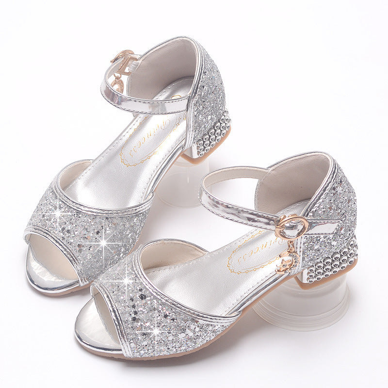 Girls Sandals 2025 New Elsa Princess Shoes Frozen Children's High Heels Model Catwalk Crystal Leather Shoes
