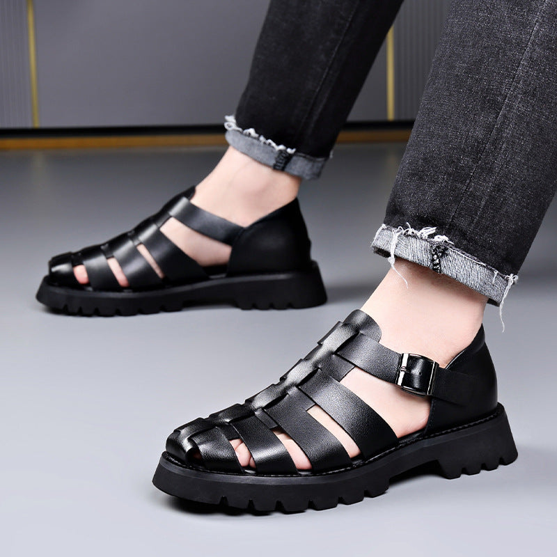 Men's Sandals 2024 Summer New Style Breathable plus size Thick Sole Height Increasing Hollow Hole Shoes Baotou Roman Shoes