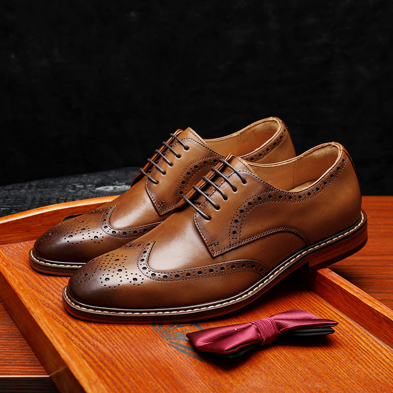 Brogue Carved Formal Men's Shoes Business British Derby Genuine Leather Handmade Leather Shoes First Layer Cowhide Wedding Shoes Extra Large Size