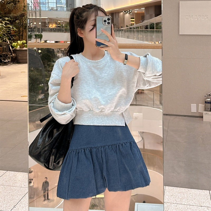 2026 Spring and Autumn New Style Sweatshirt with Slit Hem Design, Sweet and Petite, Long-Sleeved, Pure Cotton, Solid Color, High-End Niche Women's Sweatshirt