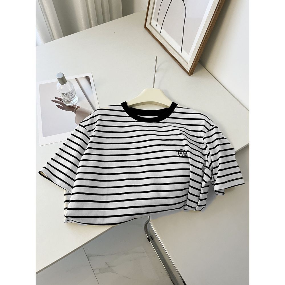 Summer New Korean Style Pure Cotton Loose Embroidered Striped Short-Sleeve T-Shirt for Women, Fashionable Color-Blocking Pullover Versatile Top