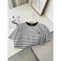 Summer New Korean Style Pure Cotton Loose Embroidered Striped Short-Sleeve T-Shirt for Women, Fashionable Color-Blocking Pullover Versatile Top