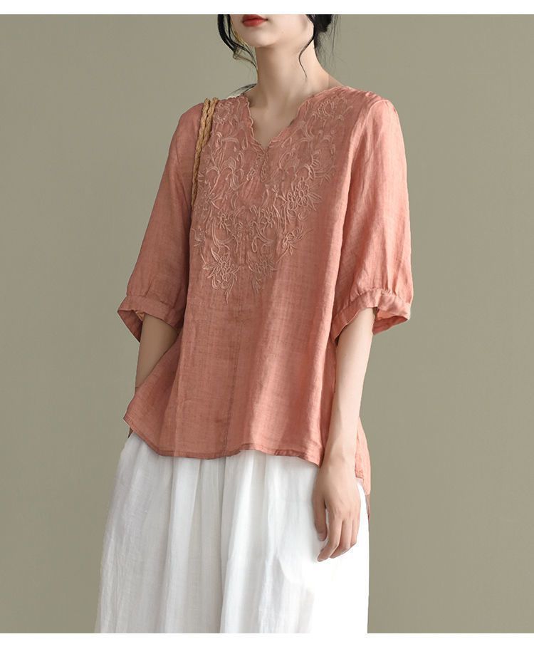 Shirt Summer New Style Retro Literary Thin Embroidered Short-Sleeved Cotton and Linen Tops for Women Ethnic Style V-Neck Pure Cotton T-Shirts for Women