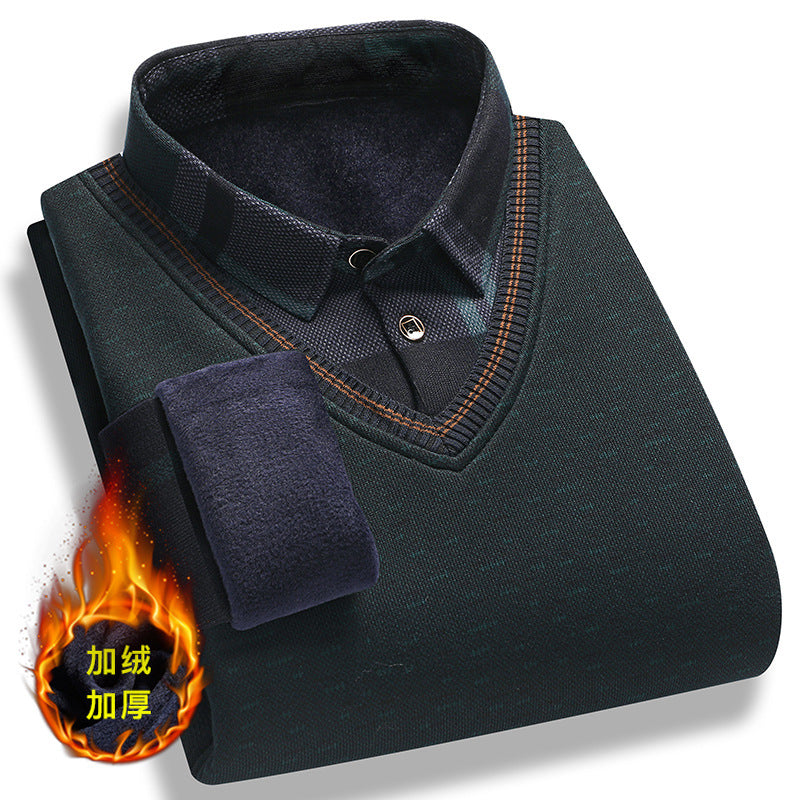 Autumn and Winter middle-aged and elderly fake two-piece sweater men's dad wear fleece-lined thickened slim shirt collar warm sweater