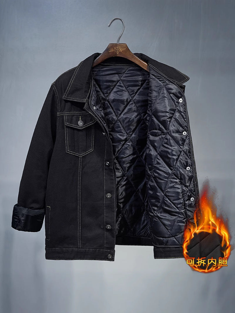 Fertilized Extra Large Loose Denim Coat fleece-lined Thickened plus size Men's Winter Jacket Warm Quilted Two-piece Top
