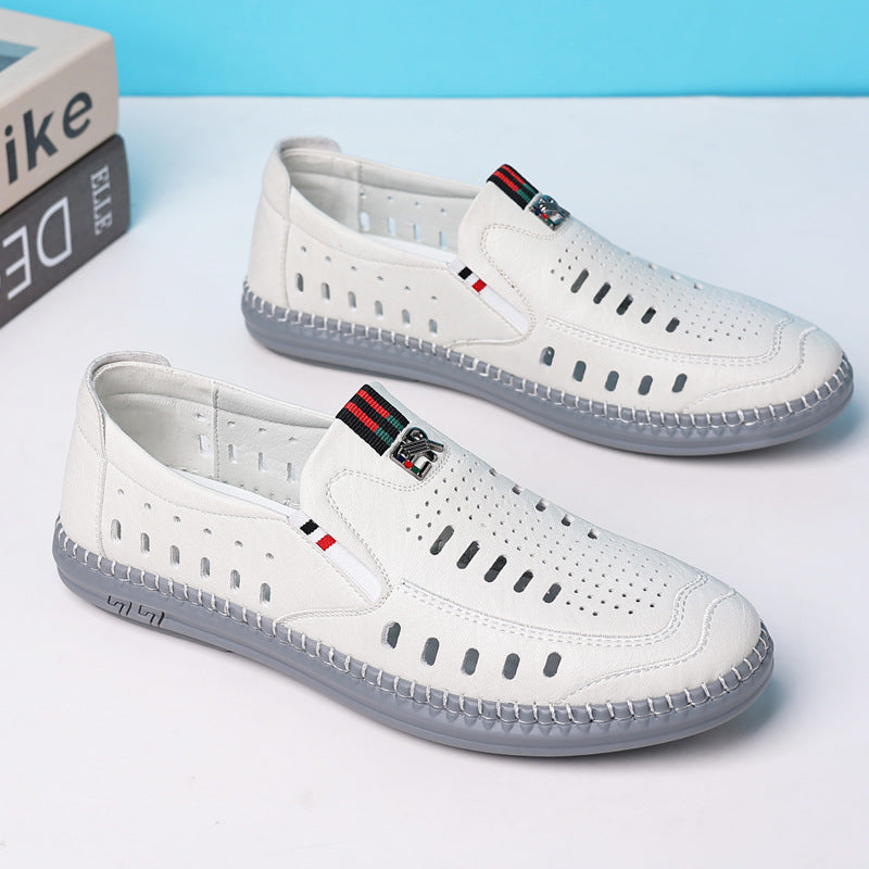 2026 New Men's Sandals Soft Leather Business Perforated Men's Shoes Soft Sole Hole-In-The-Wall Dad Leather Shoes White