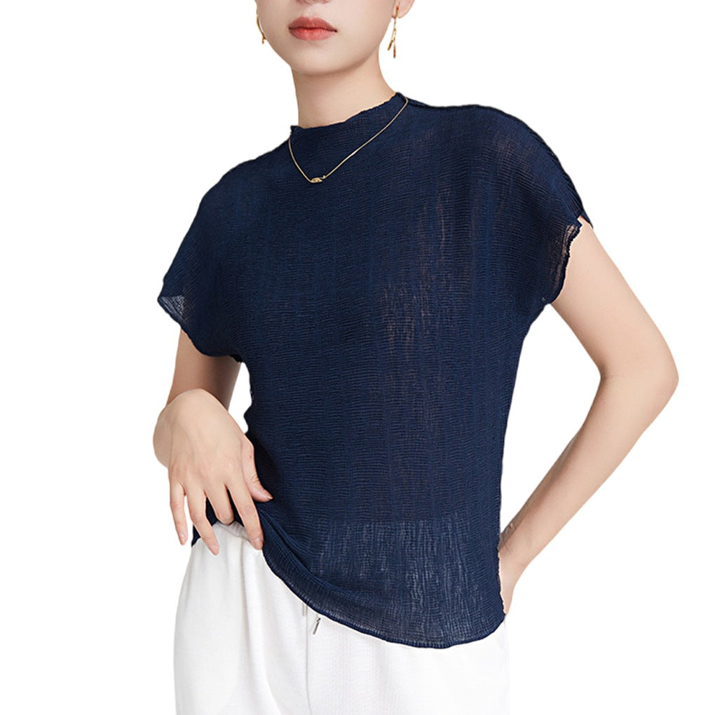 Short-sleeved T-shirt Women's Summer New Clothes All-match High-grade Western-style Small Shirt Unique Chic Pleated Top Thin Women