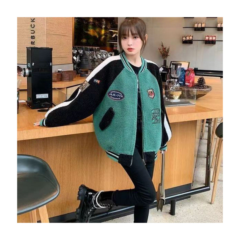 Coat Women's European Station 2025 Fall/Winter New Loose plus size Baseball Suit Ins Student Jacket Thickened Lamb Wool