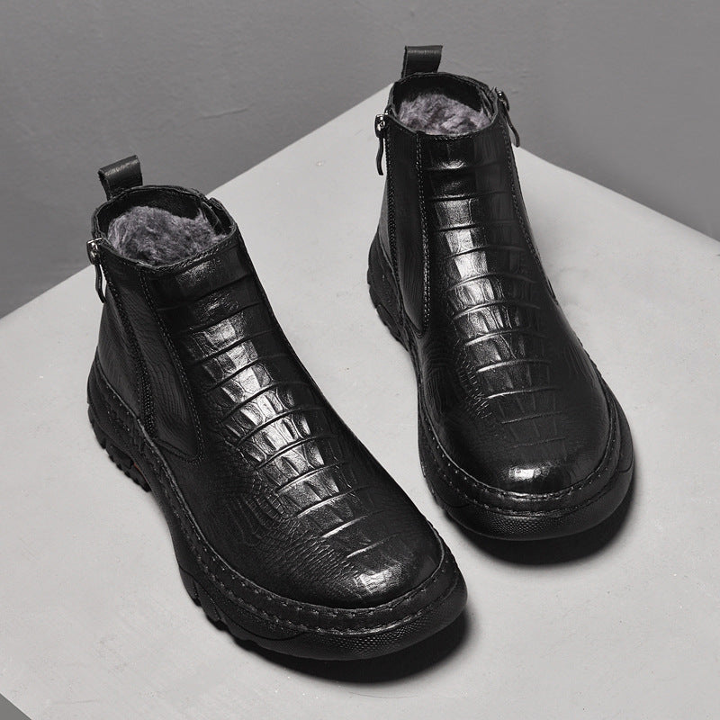 Men's Shoe Top Layer Cowhide Short Boots Business Leather Boots Outdoor Casual Autumn and Winter High Top Zipper Set Foot Crocodile Cotton Boots