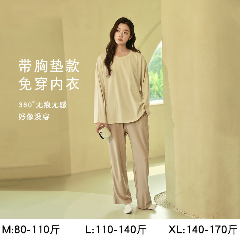 Women's Pajamas, Pure Cotton, Spring and Autumn Long-Sleeved Set, Large Size, High-End Striped Design, Can Be Worn Outside, with Chest Pads, Home Wear