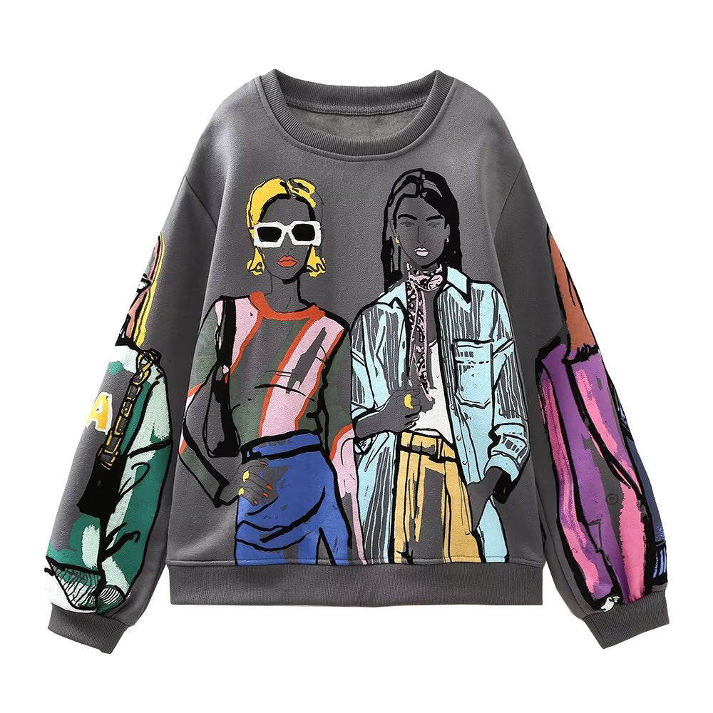2023 Autumn and Winter Women's Warm Fleece-Lined Hoodless Round Neck Loose Printed Sweatshirt with 3D Printing
