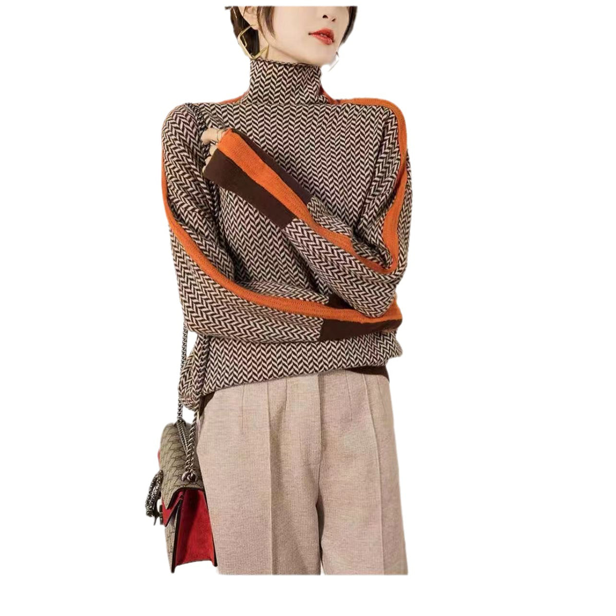 Retro Niche Design Knitwear for Women in Autumn and Winter Loose High-Neck Long-Sleeved Knitwear with Contrasting Color Inner Layering Shirt Top