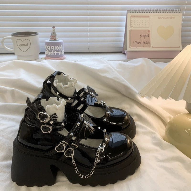 Rock Hot Girl Petite High Heels Height Increasing Punk Dark Jk Uniform Mary Jane Thick-Soled Small Leather Shoes for Women Lolita