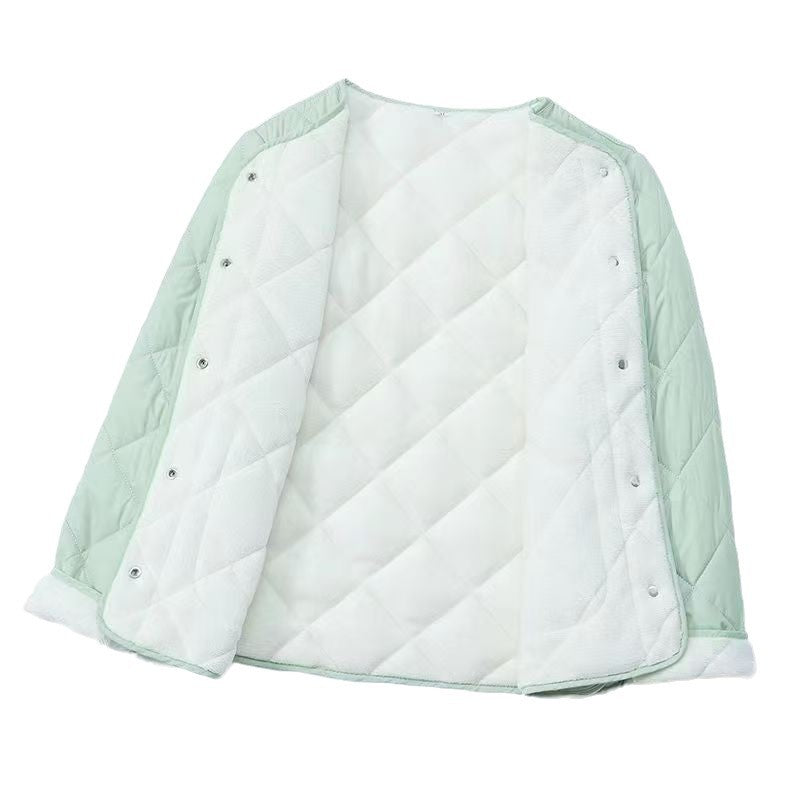 2024 new down cotton-padded jacket women's short fleece-lined padded liner cotton-padded jacket round neck warm bottoming inner wear small cotton-padded jacket