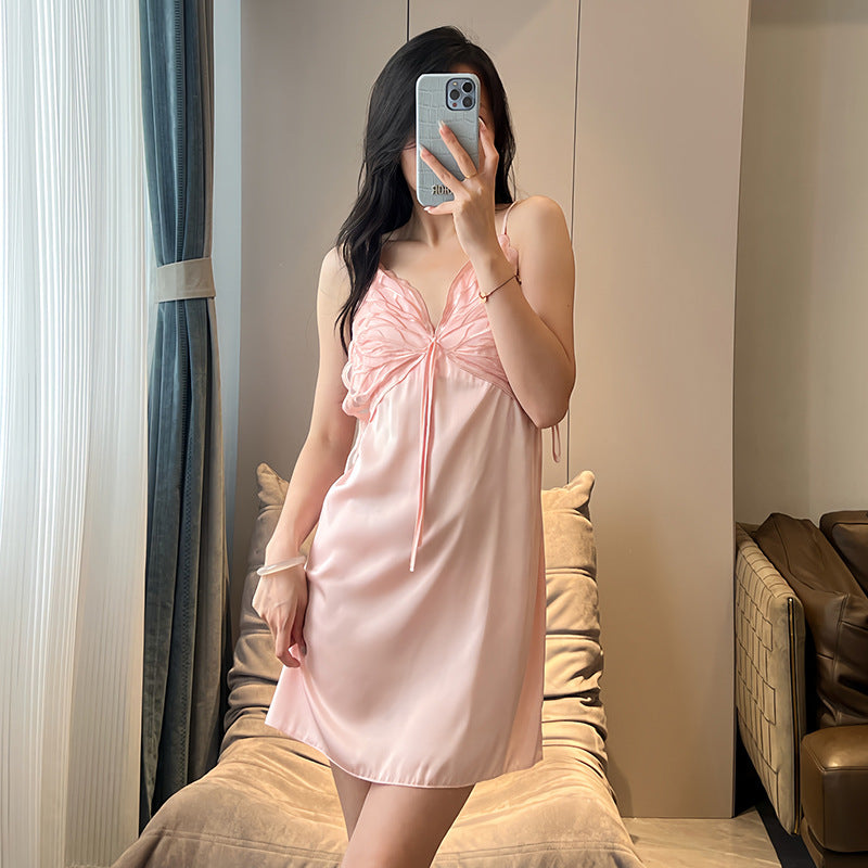 Pajamas Women's Summer Ice Silk Pure Sexy Lace Sling Nightgown Nightgown with Chest Pad Thin Home Clothes Two-piece Set