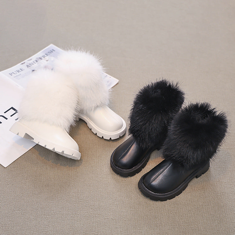 Girls' foreign trade leather boots 2024 autumn and winter new fashion western style mid-tube boots Mao Mao mouth soft bottom chimney boots fashion boots