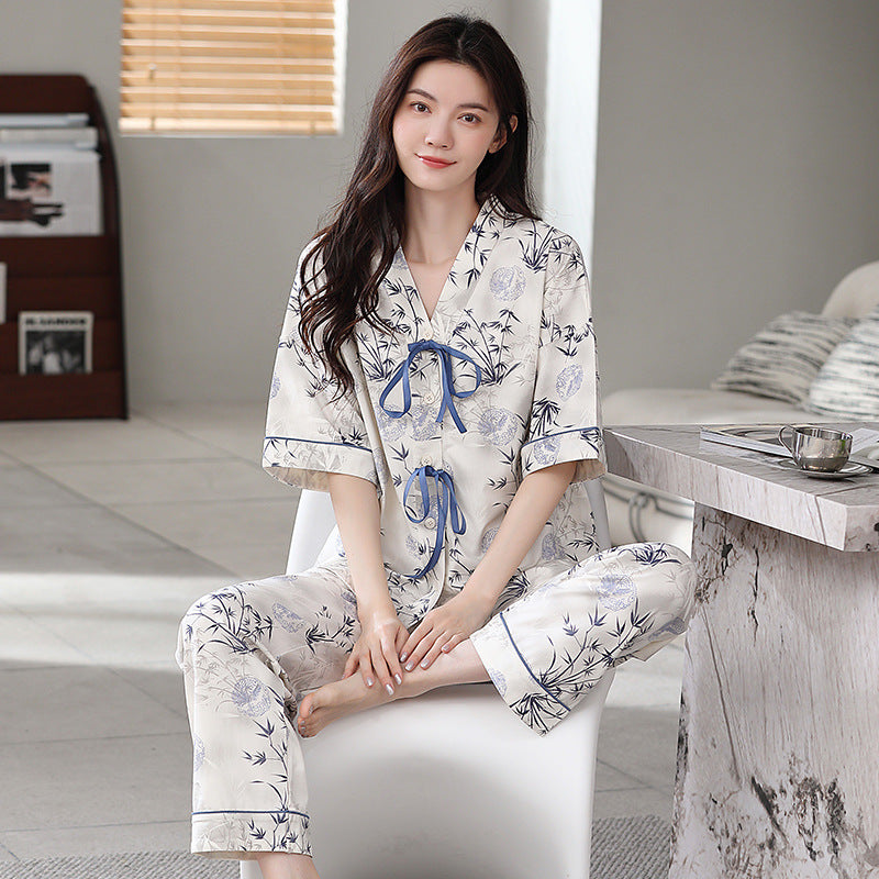 2026 New Women's Summer Pajamas, Cotton Short-Sleeve Long Pants, High-End Cardigan Loungewear Set for Women, Suitable for Wearing Outside