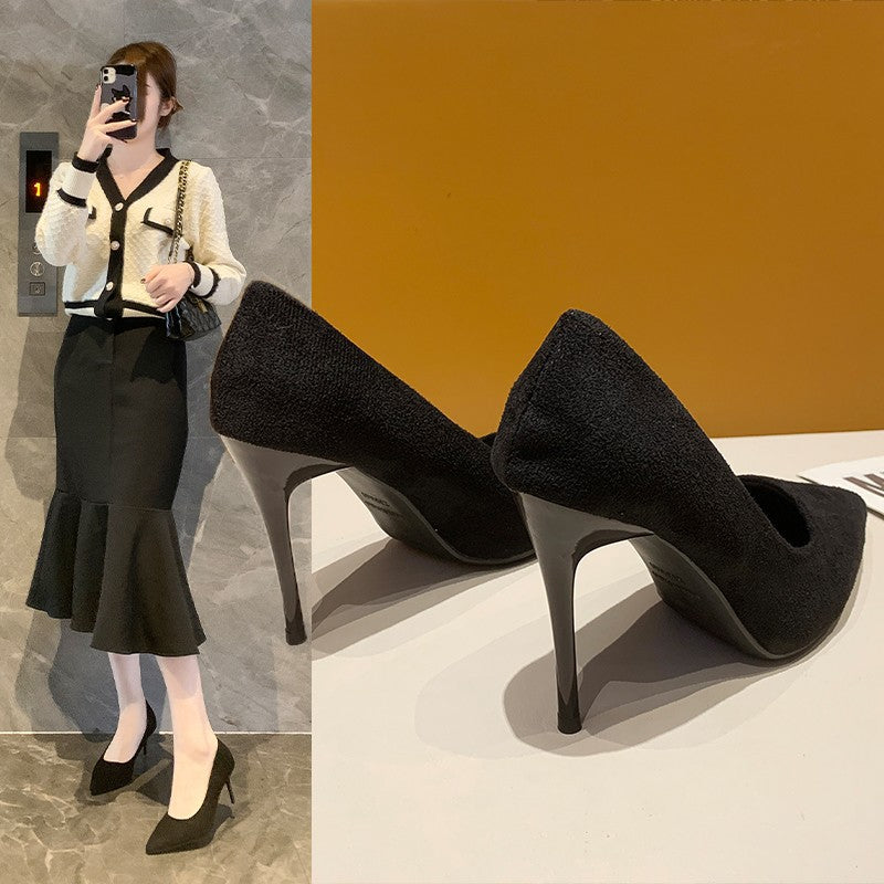 High Heels Women's 2025 New Cyber Celebrant Suede Fashion All-match Autumn Women's Shoes Korean Banquet Stiletto Heel Pointed Toe Single-layer Shoes