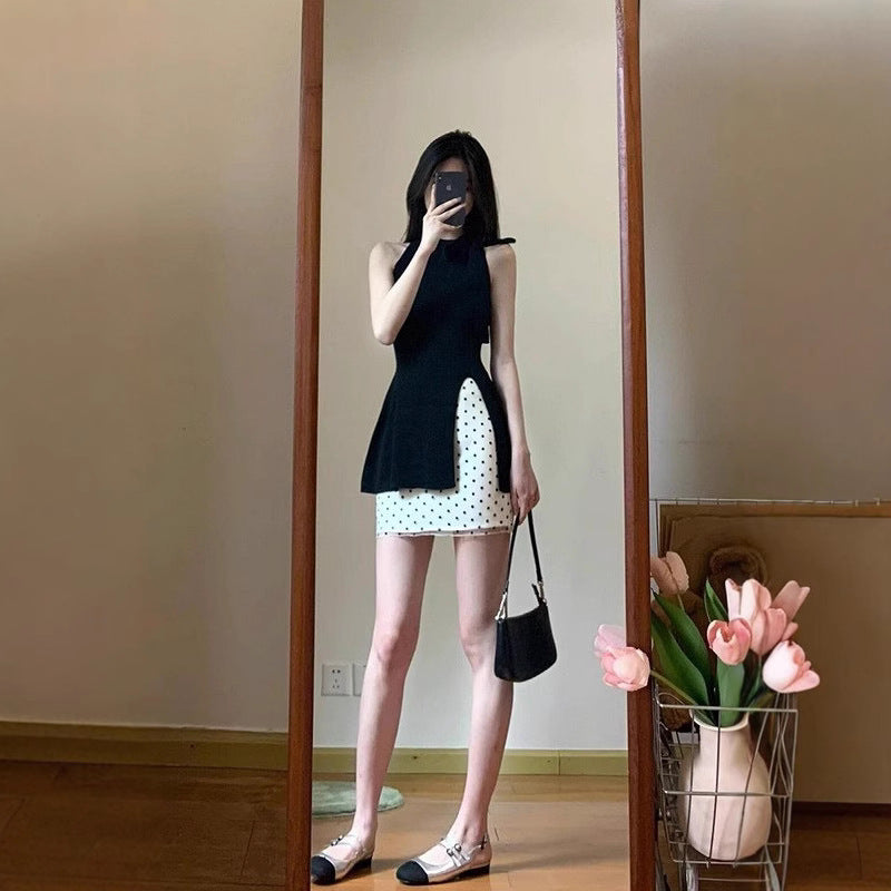 suit Women's Summer New Korean Style Design Sense Black Elegant Split Top High Waist Wave Dot Trendy Skirt