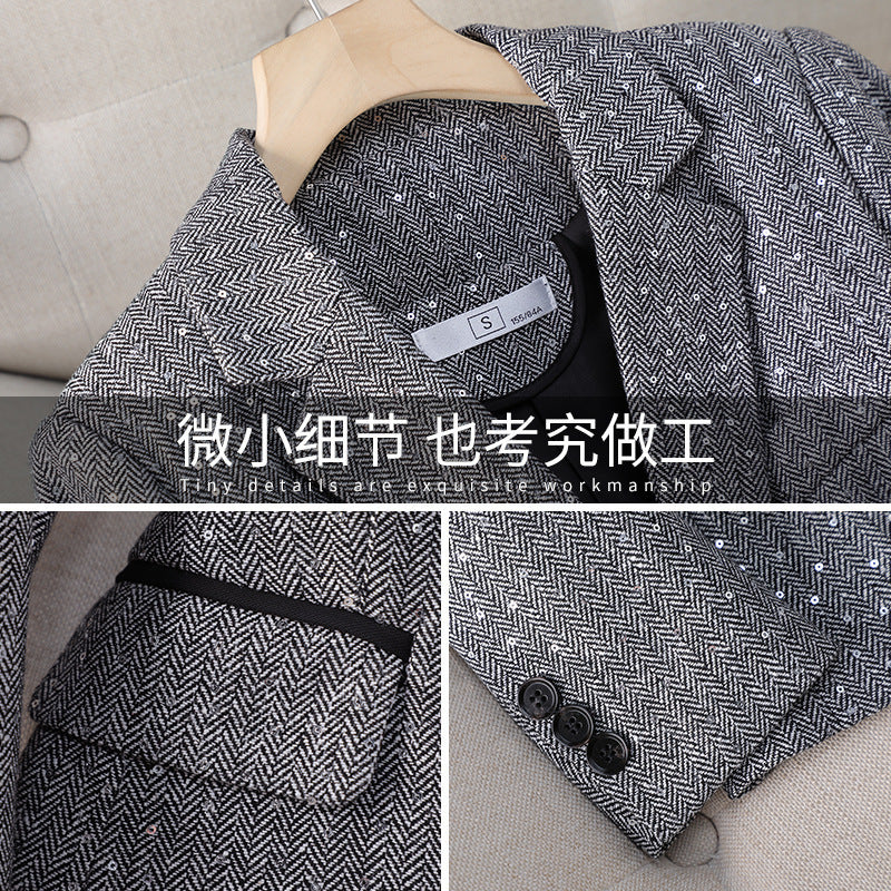 [Old Qian Feng] Women's Contrast Spring and Autumn Coat Sales Houndstooth Suit Women's Coat Women's Small Suit Jacket