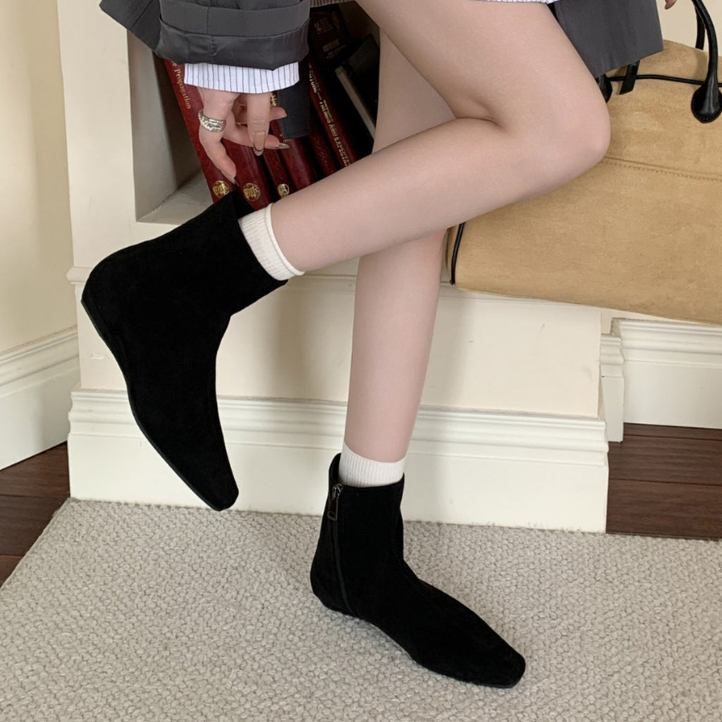 Casual Wedge-Heeled Square-Toe Short Boots for Women, Flats-Soled Autumn and Winter New Styles with Skirts, Short Boots, Versatile Side Zipper Fashion Boots