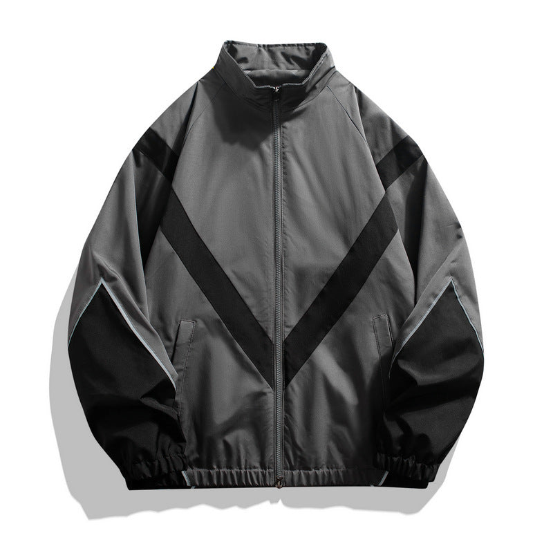 Trendy Brand Reflective Patchwork Stand-Up Collar Jacket Spring and Autumn Loose Sports Casual Jacket for Men