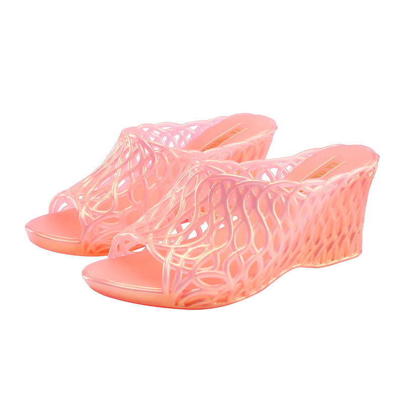 High-Heeled Women's Shoes with Thick Soles, Wedge Heels, Mesh Crystal Slippers, Pearlescent Iridescent Plastic Jelly Shoes, Hollow Anti-Odor High Heels