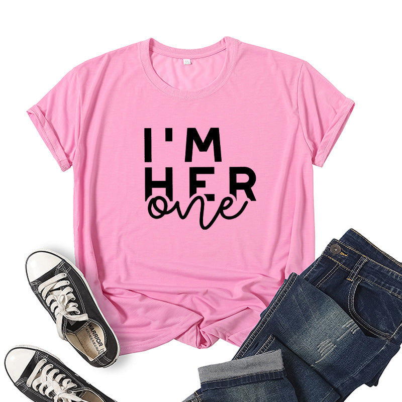 in stock Foreign Trade Cross-border I 'M HER ONE Couple Valentine's Day Printed Short-sleeved Crewneck T-shirt European and American Men and Women