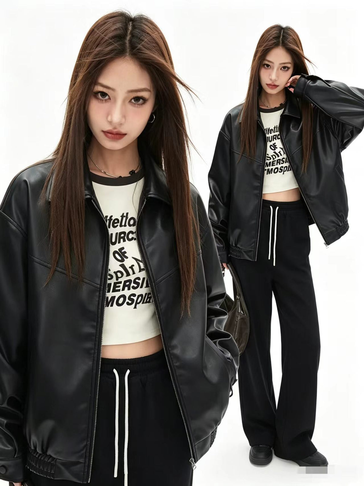 Foreign Trade Wholesale Autumn and Winter New Women's Clothing High-End Style Lapel Long-Sleeved Zipper Faux Leather Casual Jacket