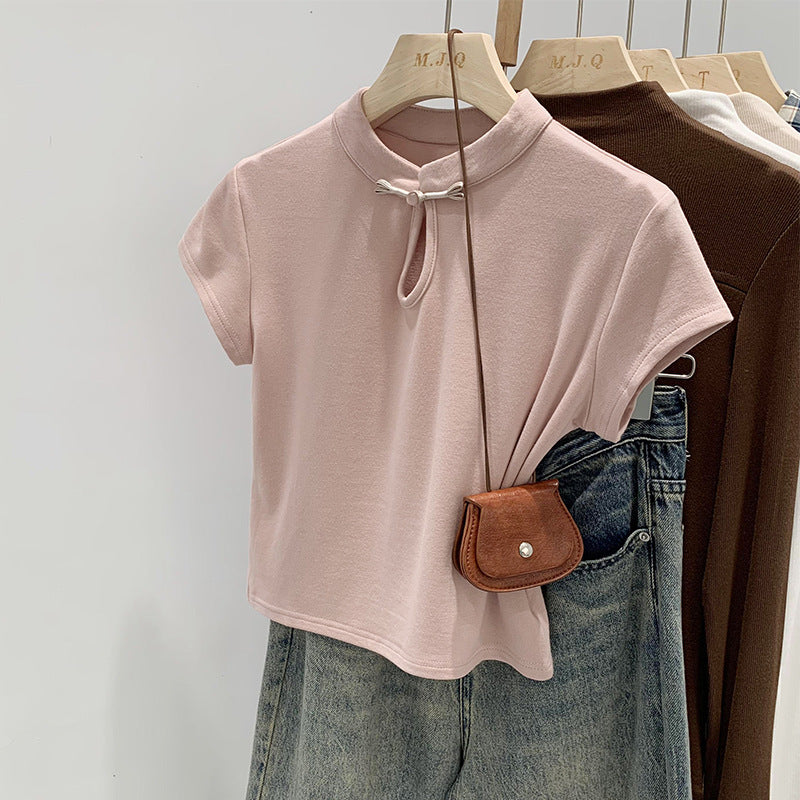 New Chinoiserie National Style Niche Chic Design Short-Sleeved T-Shirt for Women Summer 2025 New Stand-Up Collar Buttoned Short Top