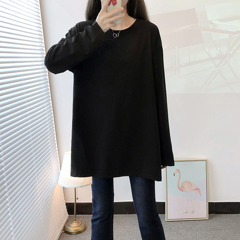 150kg Women's Spring Round Neck Mid-Length Slit Long Sleeve T-Shirt for Women 120kg Plus Size Loose Slimming Base Shirt