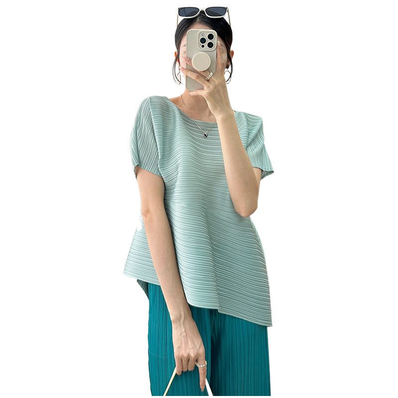 Foreign trade sanzhai top for women 2023 new loose slimming irregular versatile high-grade pleated t-shirt for women