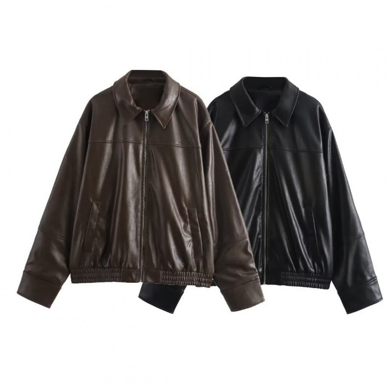 Aliexpress Wholesale Autumn New Women's Clothing Versatile Lapel Zipper Long Sleeve Pocket Textured Leather Jacket