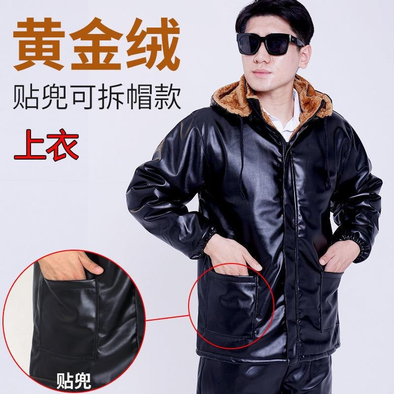 Leather Men's Coat Winter Fleece-lined Thickened Loose Oil-proof Waterproof Take-out Riding Leather Leather Pants Set for Men