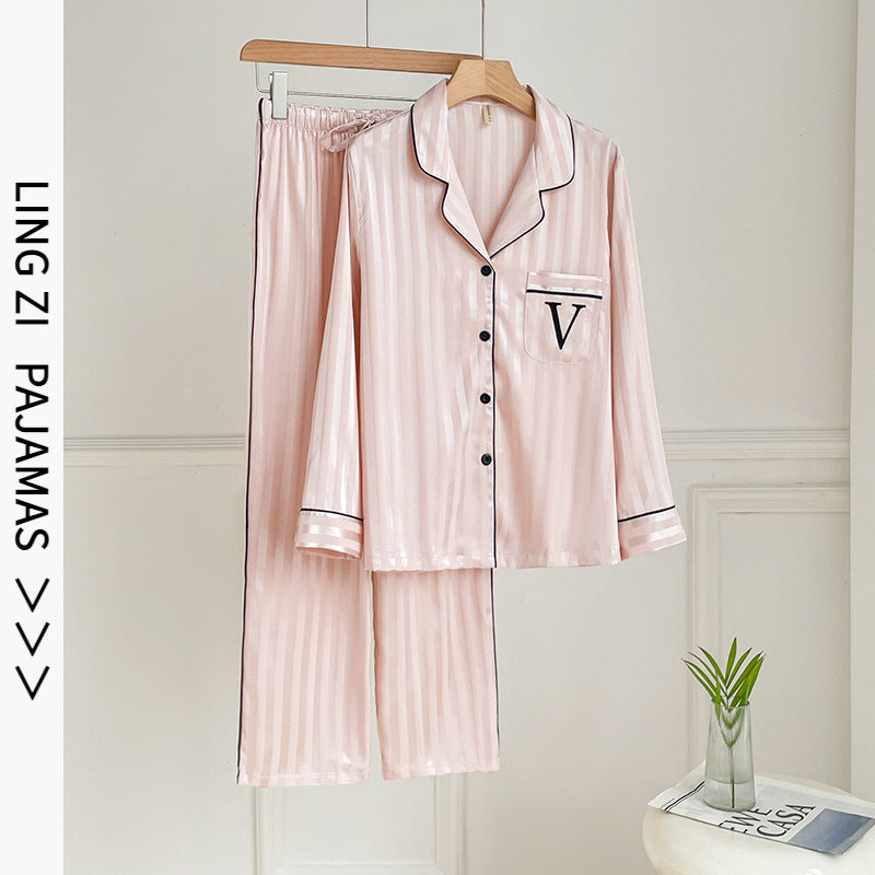 2525 New Summer Ice Silk Women's Pajamas V-Neck Thin Large V Printed Pants Long-Sleeved High-End Home Clothes