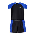 2026 Children's Swimwear Boys' Two-Piece Swimsuit Set for Older Kids, Baby Blue Patchwork Raglan Sleeve Swimwear