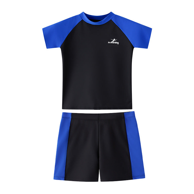 2026 Children's Swimwear Boys' Two-Piece Swimsuit Set for Older Kids, Baby Blue Patchwork Raglan Sleeve Swimwear