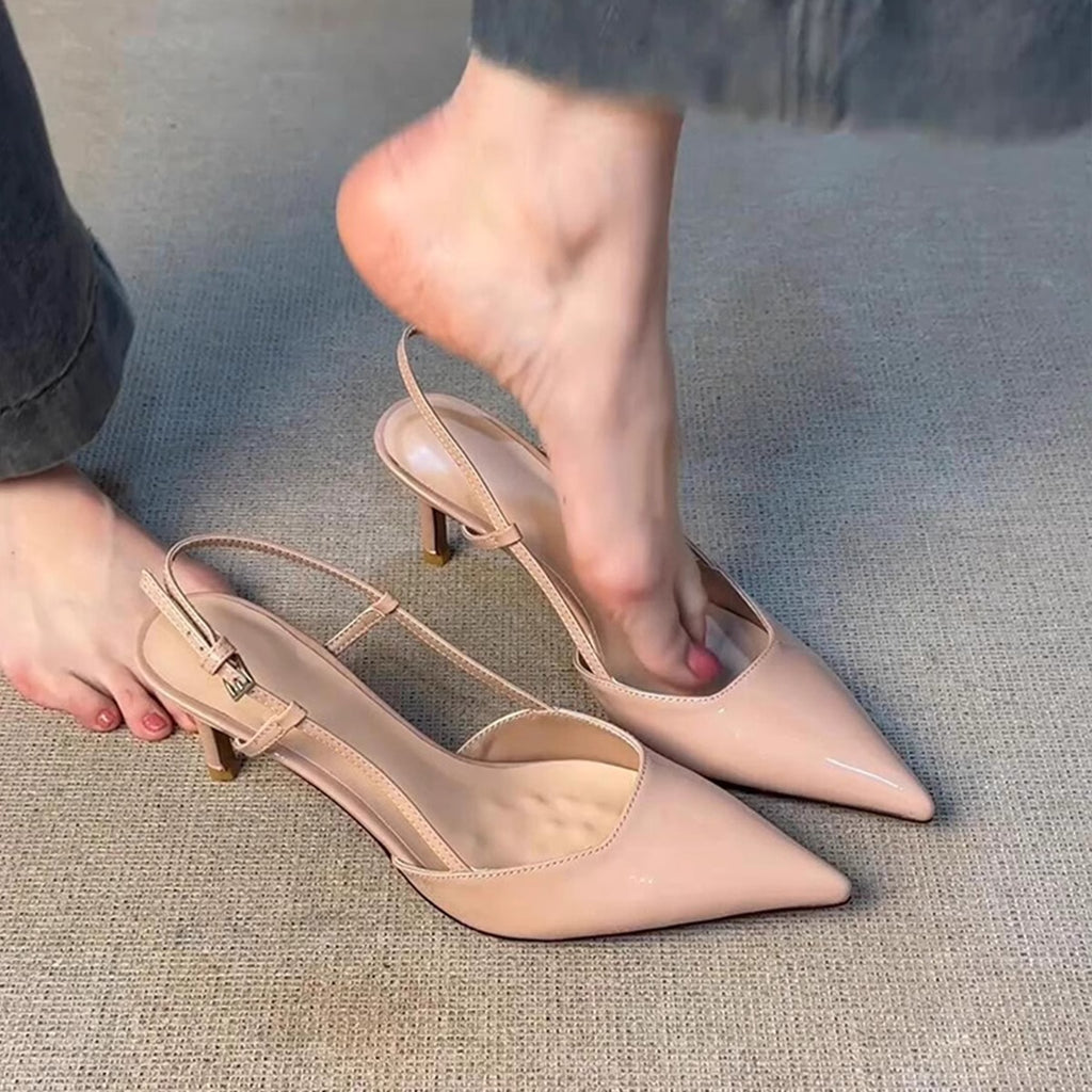 French-Style Exquisite Nude High-Heeled Shoes for girls, 2026 New Model, Patent Leather Pointed Toe Versatile Slip-On Elegant Closed-Toe Shoes