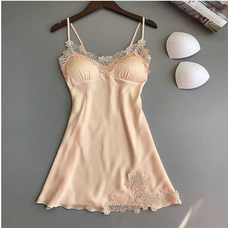 Sexy Suspender Skirt with Breast Pad Pajamas for Women Summer Women's Silk Suspender Pajamas Lace Large Size Home Dress