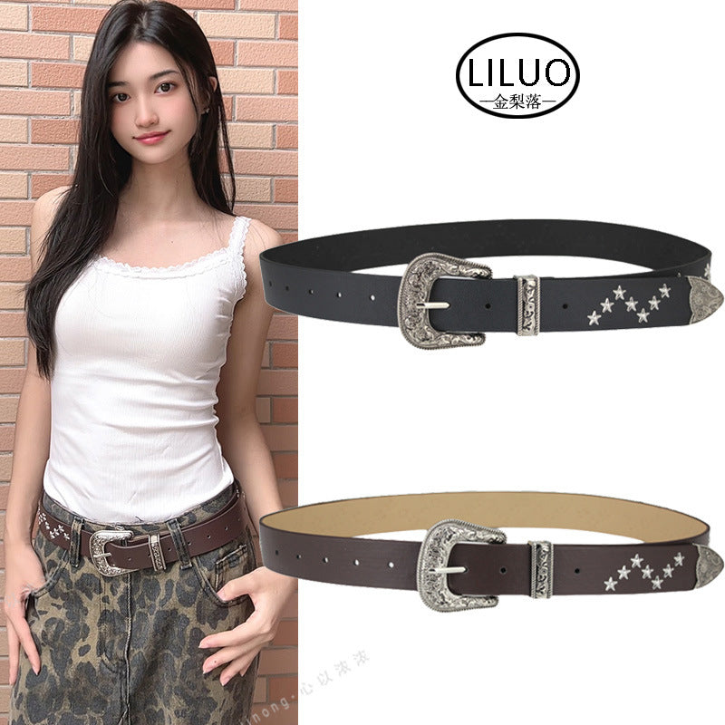 European and American Punk Style Wide Belt with Rivets, High-End Women's Belt, Women's Personalized Pin Buckle Jeans Belt, Retro Belt