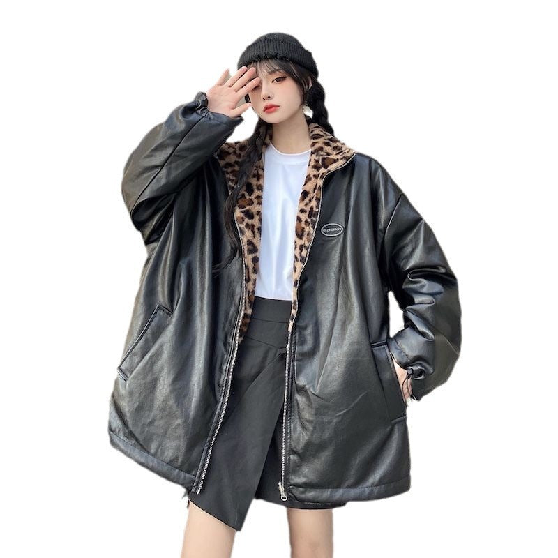 Double Face Wear Leopard Print Thickened Plush Coat Women's Winter New Hong Kong Style Retro PU Leather Coat Student Cotton-padded Jacket Fashionable