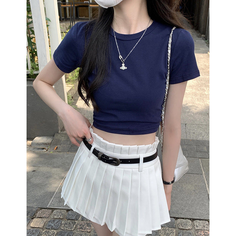 Black Straight-Shoulder Round-Neck T-Shirt for Women, Simple Basic Top, Summer Slim-Fit American Style Short-Sleeve Tee