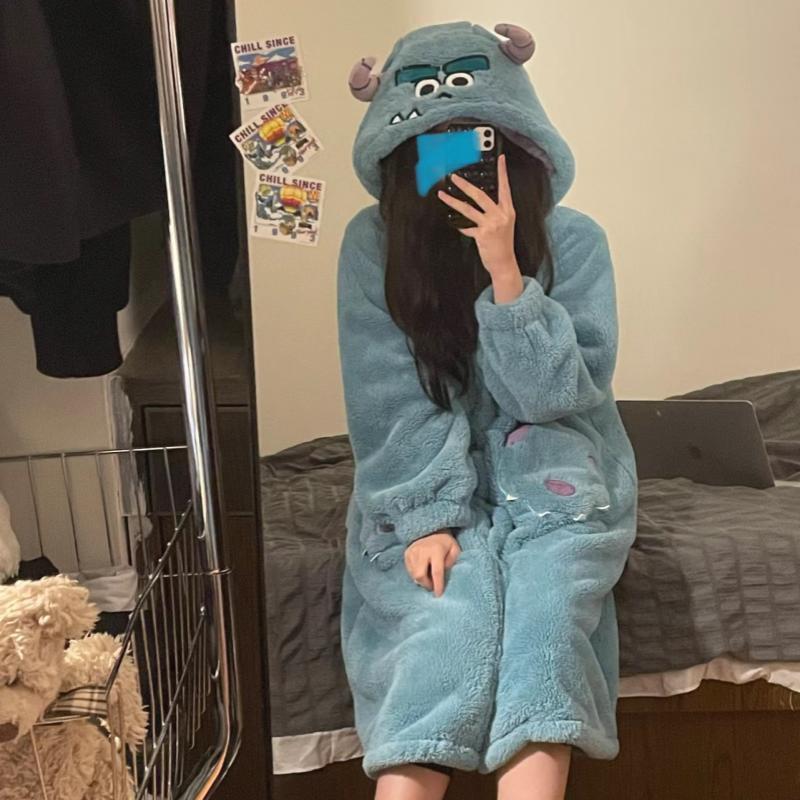 Little Monster Coral Velvet Pajamas Women's Autumn and Winter New Style Velvet Thickened Long Warm Pajamas Winter Outerwear Home Clothes