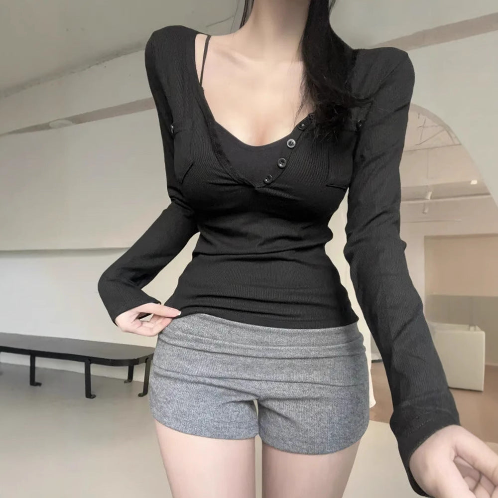 Elegant Single-Breasted V-Waist Slimming Look Threaded Versatile Long-Sleeved T-Shirt Tops for Women