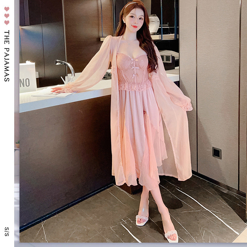 Women's Pajamas, Casual Home Wear, Elegant and Fashionable, Low-Cut Satin Chiffon Long Suspender Dress, Nightgown Two-Piece Set