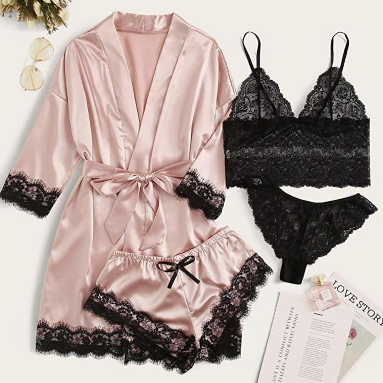 New Cross-Border Sexy Women's Sexy Pajamas Multi-Piece Suit Lace Satin Suspender Nightgown Manufacturer Foreign Trade Direct Sales