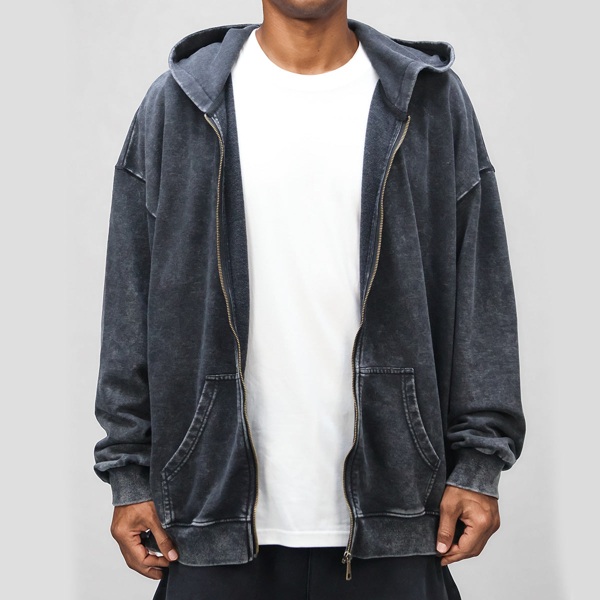 350g Distressed Zipper Hoodie for Men, Oversized Drop Shoulder Vintage Washed Heavy Terry Cardigan Jacket, Heavyweight Men's Clothing
